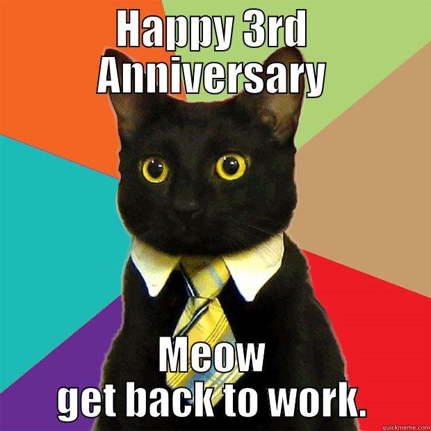 HAPPY 3RD ANNIVERSARY MEOW GET BACK TO WORK. Business Cat