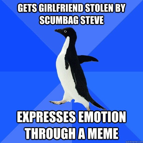gets girlfriend stolen by scumbag steve expresses emotion through a meme  Socially Awkward Penguin