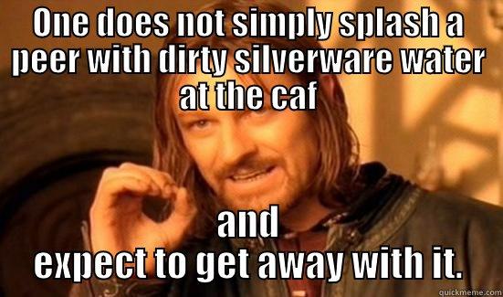 ONE DOES NOT SIMPLY SPLASH A PEER WITH DIRTY SILVERWARE WATER AT THE CAF AND EXPECT TO GET AWAY WITH IT. Boromir