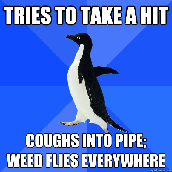 Tries to take a hit Coughs into pipe; 
weed flies everywhere  Socially Awkward Penguin