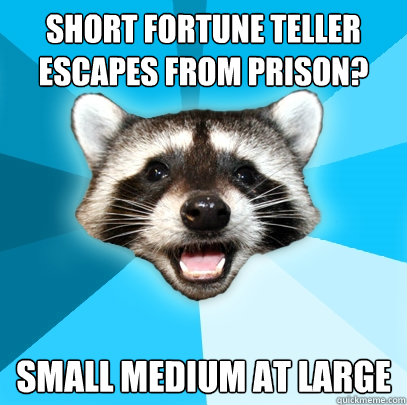 short fortune teller escapes from prison? small medium at large  Lame Pun Coon