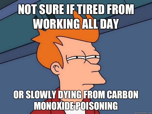 Not sure if tired from working all day Or slowly dying from Carbon Monoxide poisoning  Futurama Fry