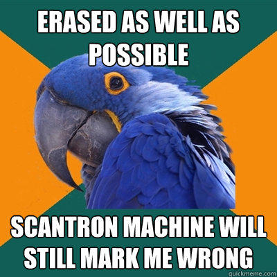 erased as well as possible scantron machine will still mark me wrong  - erased as well as possible scantron machine will still mark me wrong   Paranoid Parrot