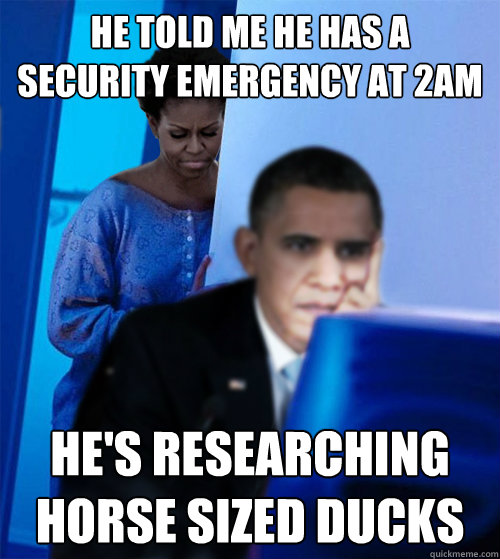 he told me he has a security emergency at 2am he's researching horse sized ducks  Redditor Obamas Wife