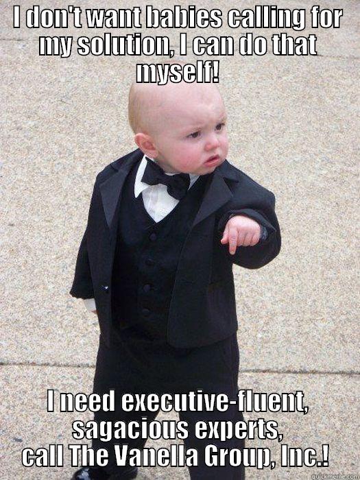 Baby CEO - I DON'T WANT BABIES CALLING FOR MY SOLUTION, I CAN DO THAT MYSELF! I NEED EXECUTIVE-FLUENT, SAGACIOUS EXPERTS, CALL THE VANELLA GROUP, INC.!  Baby Godfather