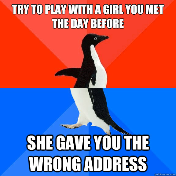 Try to play with a girl you met the day before She gave you the wrong address  Socially Awesome Awkward Penguin
