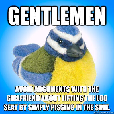 Gentlemen Avoid arguments with the girlfriend about lifting the loo seat by simply pissing in the sink.
 - Gentlemen Avoid arguments with the girlfriend about lifting the loo seat by simply pissing in the sink.
  Top Tip Tit