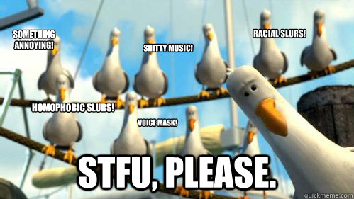Something annoying! STFU, PLEASE. Voice Mask! Shitty Music! Racial slurs! Homophobic slurs!  Finding Nemo Seagulls
