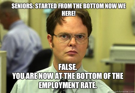 Seniors: Started from the bottom now we here! FALSE.  
You are now at the bottom of the employment rate.   Schrute