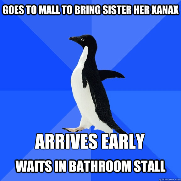 Goes to mall to bring sister her xanax arrives early  waits in bathroom stall  Socially Awkward Penguin