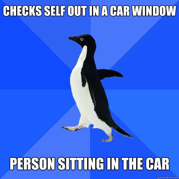Checks self out in a car window    person sitting in the car  Socially Awkward Penguin