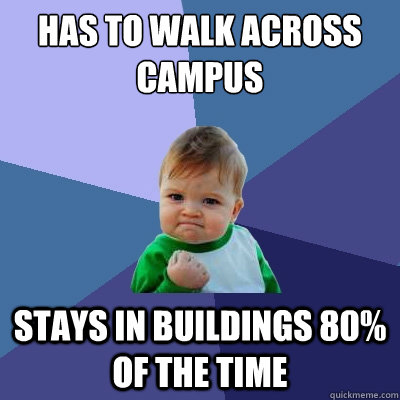 Has to walk across campus stays in buildings 80% of the time  Success Kid