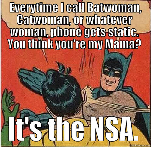  EVERYTIME I CALL BATWOMAN, CATWOMAN, OR WHATEVER WOMAN, PHONE GETS STATIC. YOU THINK YOU'RE MY MAMA? IT'S THE NSA. Batman Slapping Robin