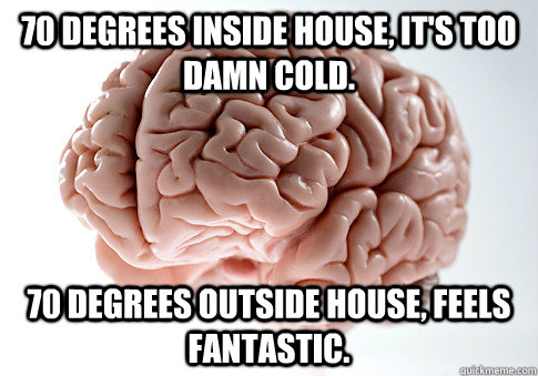 70 degrees inside house, it's too damn cold. 70 degrees outside house, feels fantastic.   Scumbag Brain