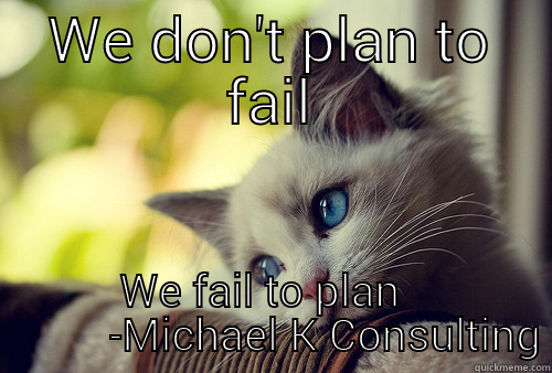 WE DON'T PLAN TO FAIL  WE FAIL TO PLAN              -MICHAEL K CONSULTING First World Problems Cat