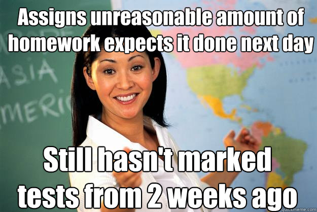 Assigns unreasonable amount of homework expects it done next day Still hasn't marked tests from 2 weeks ago  Unhelpful High School Teacher