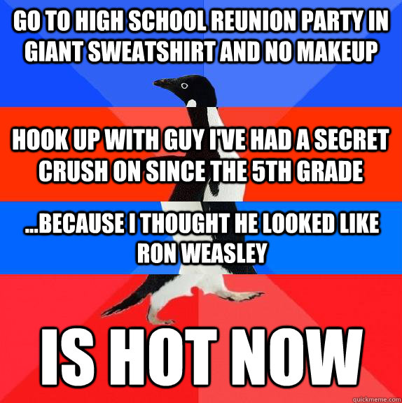 go to high school reunion party in giant sweatshirt and no makeup IS hot now Hook up with guy I've had a secret crush on since the 5th grade ...because I thought he looked like Ron Weasley - go to high school reunion party in giant sweatshirt and no makeup IS hot now Hook up with guy I've had a secret crush on since the 5th grade ...because I thought he looked like Ron Weasley  Socially awkward awesome awkward awesome penguin
