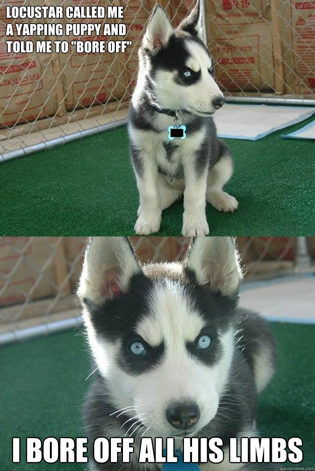 Locustar called me
a yapping puppy and
told me to 