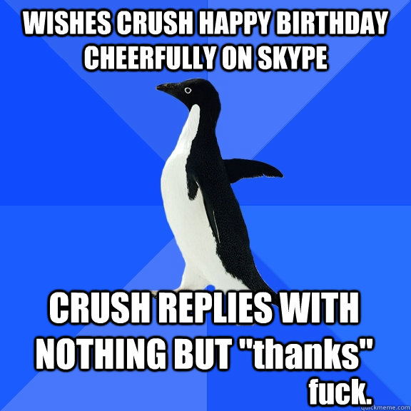 WISHES CRUSH HAPPY BIRTHDAY CHEERFULLY ON SKYPE CRUSH REPLIES WITH NOTHING BUT 