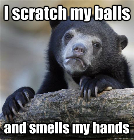 I scratch my balls and smells my hands  Confession Bear