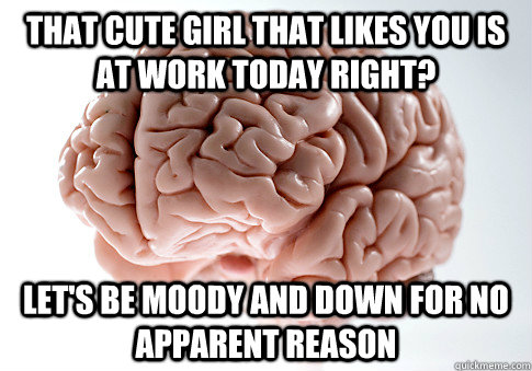 that cute girl that likes you is at work today right? Let's be moody and down for no apparent reason  Scumbag Brain