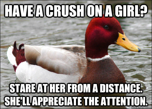Have a crush on a girl? Stare at her from a distance.  She'll appreciate the attention.  Malicious Advice Mallard