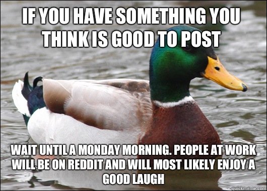 if you have something you think is good to post Wait until a Monday morning. People at work will be on Reddit and will most likely enjoy a good laugh - if you have something you think is good to post Wait until a Monday morning. People at work will be on Reddit and will most likely enjoy a good laugh  Actual Advice Mallard