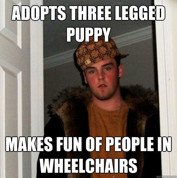 Adopts three legged puppy Makes fun of people in wheelchairs  Scumbag Steve