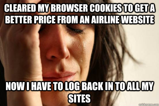cleared my browser cookies to get a better price from an airline website now I have to log back in to all my sites  First World Problems