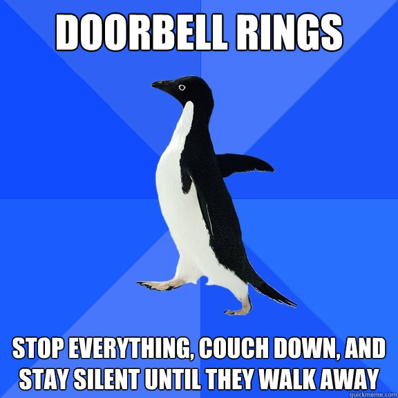 Doorbell rings Stop everything, couch down, and stay silent until they walk away  Socially Awkward Penguin