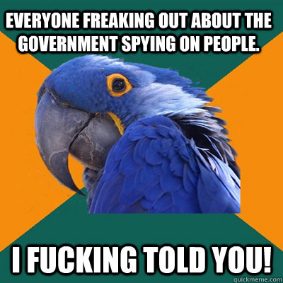Everyone freaking out about the government spying on people. I fucking told you!  Paranoid Parrot