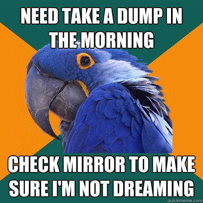 need take a dump in the morning check mirror to make sure i'm not dreaming  Paranoid Parrot