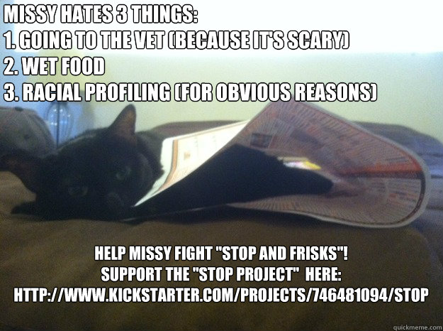 MISSY HATES 3 THINGS:  
1. GOING TO THE VET (BECAUSE IT'S SCARY)
2. WET FOOD
3. RACIAL PROFILING (FOR OBVIOUS REASONS) HELP MISSY FIGHT 