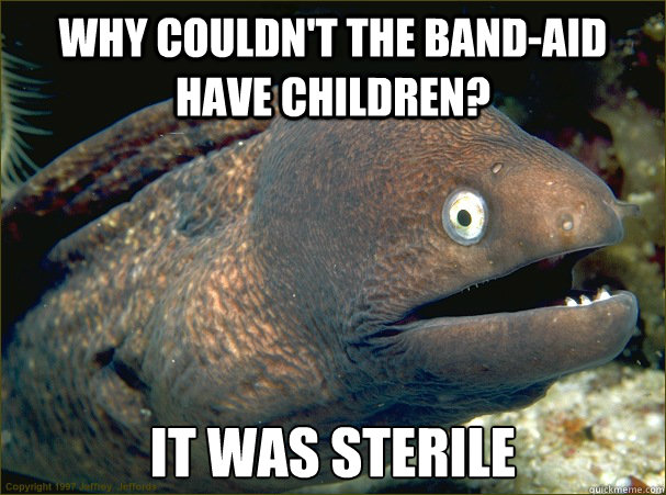 Why couldn't the Band-aid have children? It was sterile - Why couldn't the Band-aid have children? It was sterile  Bad Joke Eel