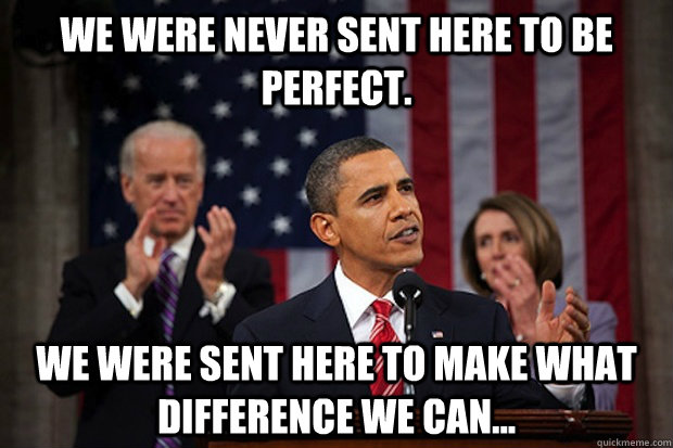 We were never sent here to be perfect.  We were sent here to make what difference we can...  Obama SOTU