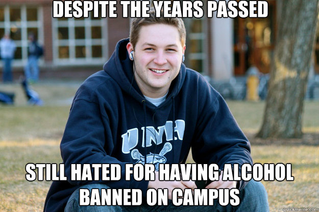 despite the years passed still hated for having alcohol banned on campus  Mature College Senior
