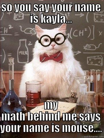 SO YOU SAY YOUR NAME IS KAYLA… MY MATH BEHIND ME SAYS YOUR NAME IS MOUSE…. Chemistry Cat