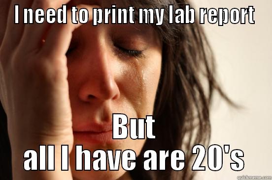 I NEED TO PRINT MY LAB REPORT BUT ALL I HAVE ARE 20'S First World Problems