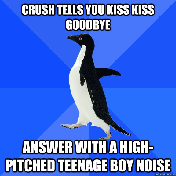 crush tells you kiss kiss goodbye  answer with a high-pitched teenage boy noise  Socially Awkward Penguin