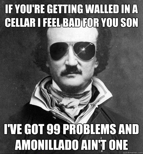 If you're getting walled in a cellar I feel bad for you son I've got 99 problems and Amonillado ain't one  