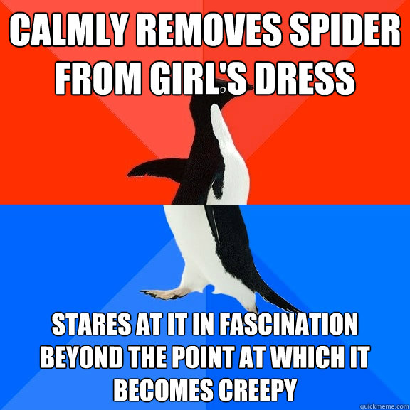calmly removes spider from girl's dress stares at it in fascination beyond the point at which it becomes creepy  Socially Awesome Awkward Penguin