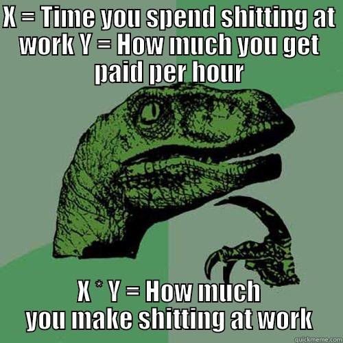 X = TIME YOU SPEND SHITTING AT WORK Y = HOW MUCH YOU GET PAID PER HOUR X * Y = HOW MUCH YOU MAKE SHITTING AT WORK Philosoraptor