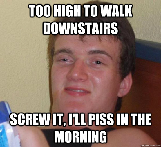 Too high to walk downstairs screw it, i'll piss in the morning  stoner guy