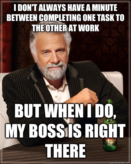 I don't always have a minute between completing one task to the other at work  but when I do, my boss is right there   The Most Interesting Man In The World