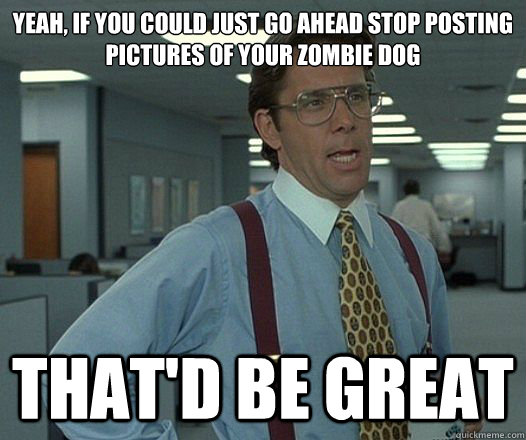 Yeah, if you could just go ahead stop posting pictures of your zombie dog That'd be great  Lumbergh