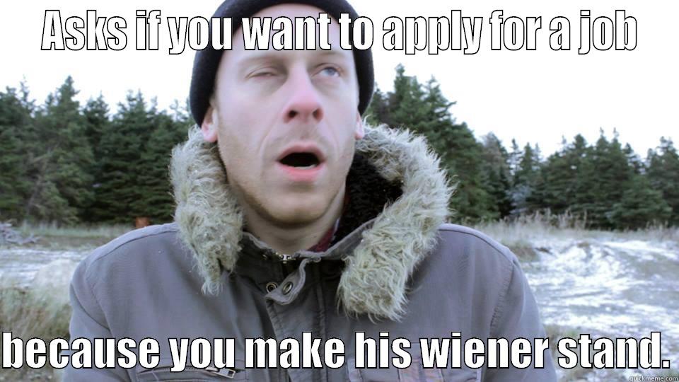  ASKS IF YOU WANT TO APPLY FOR A JOB  BECAUSE YOU MAKE HIS WIENER STAND. Misc