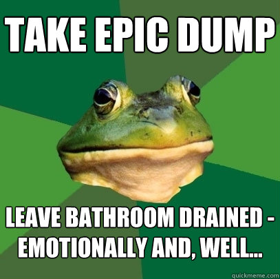 take epic dump Leave bathroom drained -
emotionally and, well...  Foul Bachelor Frog