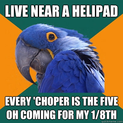 Live near a Helipad Every 'choper is the five oh coming for my 1/8th  Paranoid Parrot