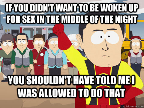 If you didn't want to be woken up for sex in the middle of the night You shouldn't have told me I was allowed to do that  Captain Hindsight