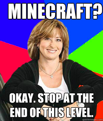 Minecraft? Okay. Stop at the end of this level.  Sheltering Suburban Mom